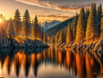 Sunset over the forest lake
