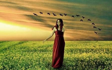 A Stroll At Sunset - alone, walk, girl, fantasy, birds, sunset, colorful, red, feminine, spring, gothic, yellow, dark, peaceful, art, serene, sky, sunlight, fields, calm, green