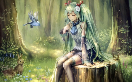 Miku - forest, hatsune, miku, pretty, cute, bird, beautiful, vocaloid, anime, trees, hatsune miku