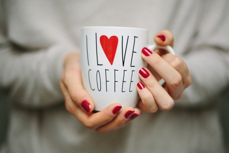 I â™¥ Coffee - manicured hands, with love, red nail polish, coffee, from the heart, nails, cup