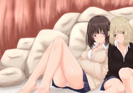 ~I'm here to smile for you~ best friends - girls together, blush, pretty girls, green eyes, smiles, best friends, anime, original, shoujo ai, cute girls, pillows, blonde hair, pink eyes, black hair, bed