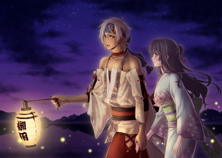 Night Love - cute, game, love, romance, night, cg, lantern, kimono, couple