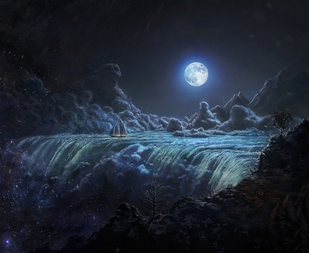 MOONLIGHT - sky, clouds, waterfall, ship, moon, ocean, night