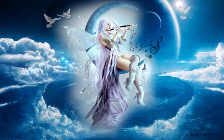 Fairy Playing Music - dreamy, violib, blue and white, beautiful, wings, sky, fantasy, clouds, moon, music, doves, angel