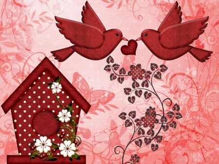 Anniversary design - white, red, pink, birds