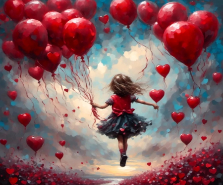 Learning to fly - digital, balloons, hearts, girl, art