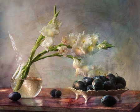 Still Life - glass, plum, water, flowers, life, vase, still, abstract, tray, table