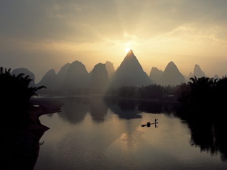 Quiet river - mountains, water, landscape, boat, peaceful, relaxing, river, sunset, calm, man