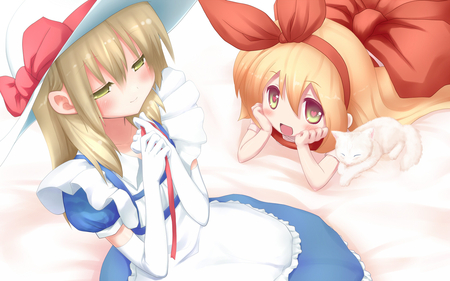 Touhou Cuties - touhou, cute, apron, blue, white, headband, kitty, bow, hat