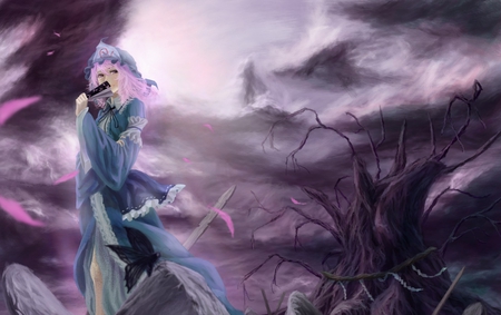 Fading Cherry Blossom - folding fan, fan, yuyuko, saigyouji, shimenawa, pink hair, saigyou ayakashi, pink eyes, ayakashi, tree, akai kitsune, touhou, short hair, cloudy sky, anime, pixiv id 3051903, saigyou, butterflies, petals, hitaikakushi, saigyouji yuyuko