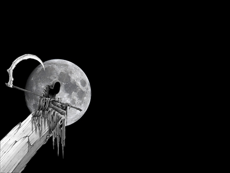 Full Moon - mysterious, black and white, grim reaper, legend, picture, myst, evil, cool, graveyard, dark, creatures, skull, darkness, horror, dead, other, terror, black, death, hot, abstract, eyes, creature, grave, bone, ghost, full moon, 3d, 3d and cg, bones, reaper, moonlight, demon, funny, skeleton, halloween, night, scare, drawing, scary, moon, grim, dark art, twilight