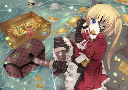 Pirate - stocking, jewlry, treasure, gold, pirate, anime, girl, daimonds
